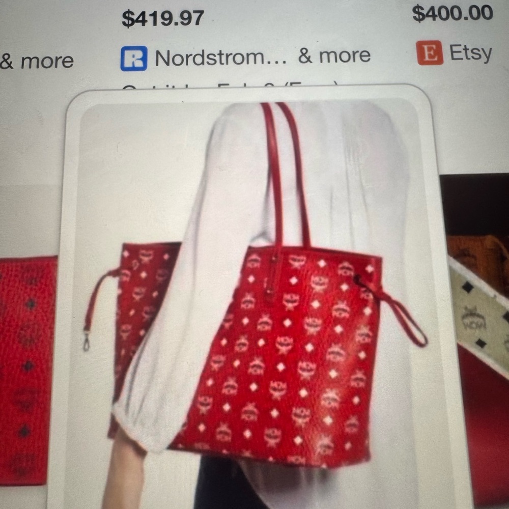 MCM Red Tote Bag with Iconic Pattern